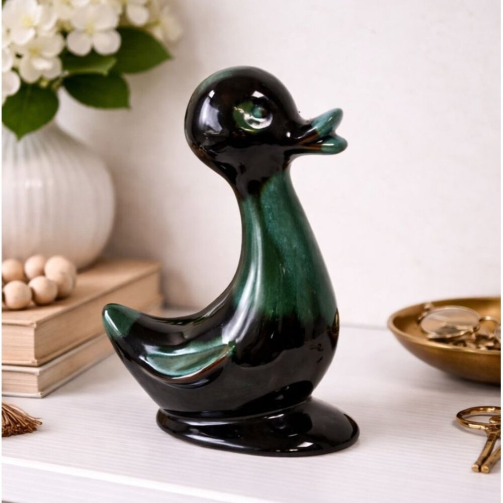 Vintage Ceramic Duck Figurine Black & Green Glaze Handcrafted 6.5" Tall Home Dec